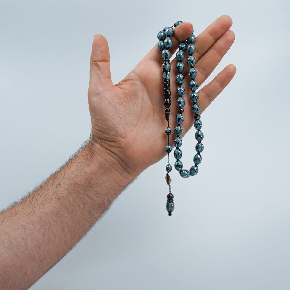 Firuze İşlemeli Oltu Tesbih Gümüş Çakım Detaylı