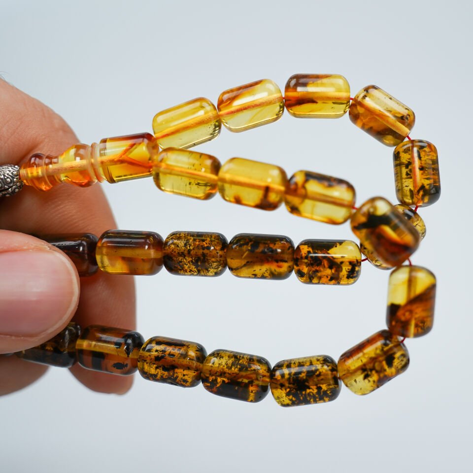 Gümüş Kurt ve Kartal Figürlü Fosilli Damla Kehribar Tesbih