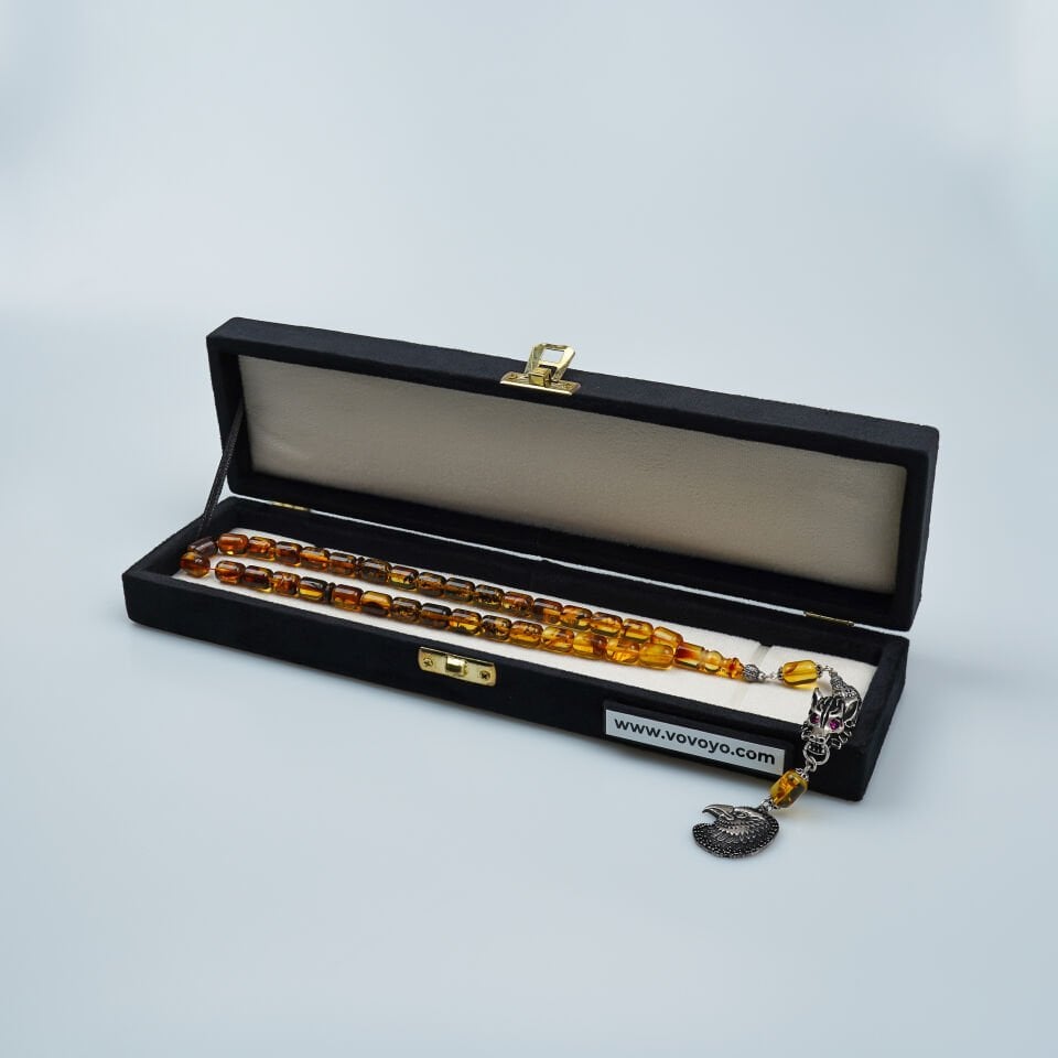 Gümüş Kurt ve Kartal Figürlü Fosilli Damla Kehribar Tesbih