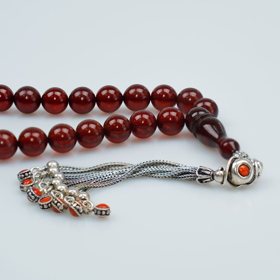 Gümüş Püsküllü Küre Kesim Sıkma Kehribar Tesbih