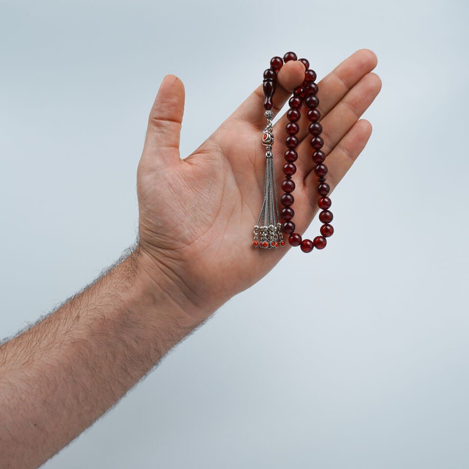 Gümüş Püsküllü Küre Kesim Sıkma Kehribar Tesbih