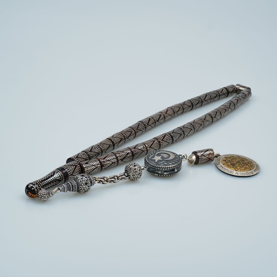 Ay Yıldız Motifli Usta İşcilikli Gümüş Çakım Kuka Tesbih