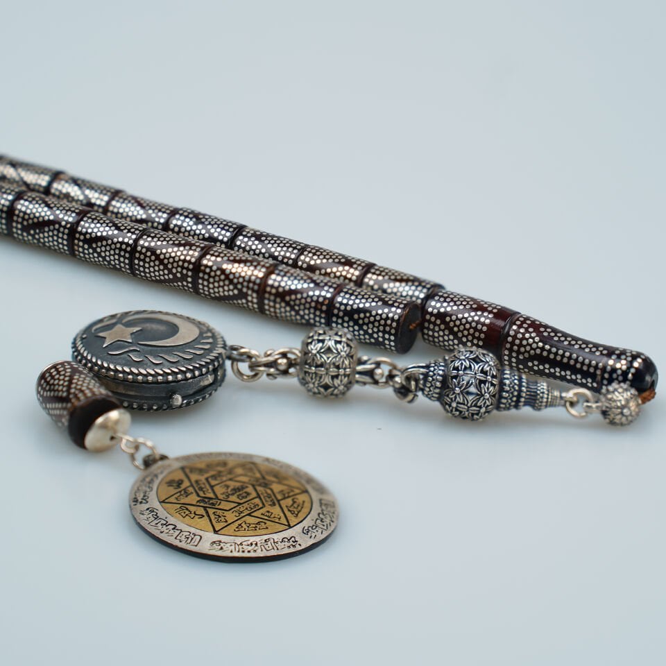 Ay Yıldız Motifli Usta İşcilikli Gümüş Çakım Kuka Tesbih