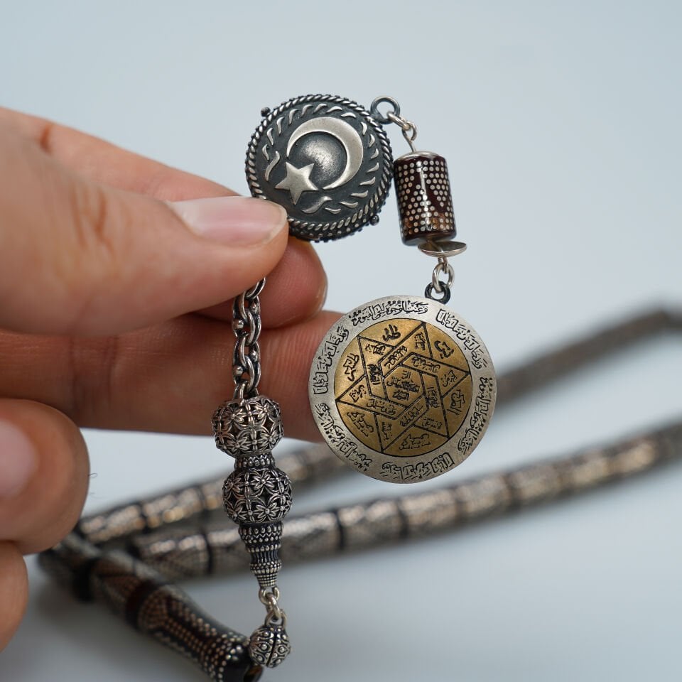 Ay Yıldız Motifli Usta İşcilikli Gümüş Çakım Kuka Tesbih