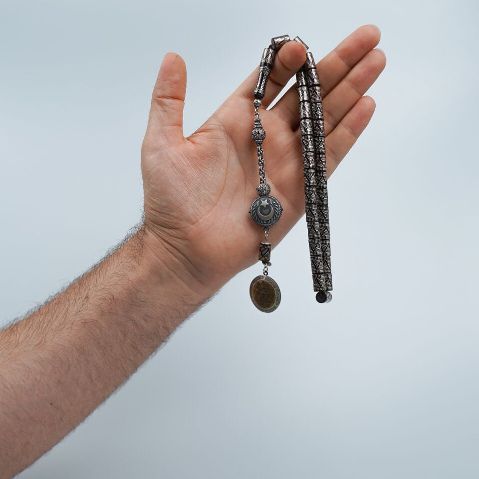 Ay Yıldız Motifli Usta İşcilikli Gümüş Çakım Kuka Tesbih