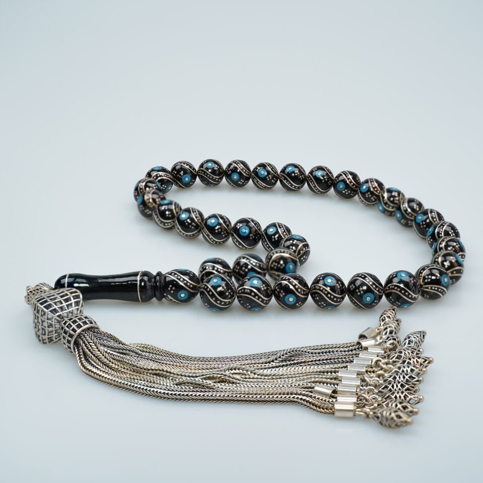 Küre Kesim Firuze İşlemeli Hakiki Erzurum Oltu Taşı Tesbih