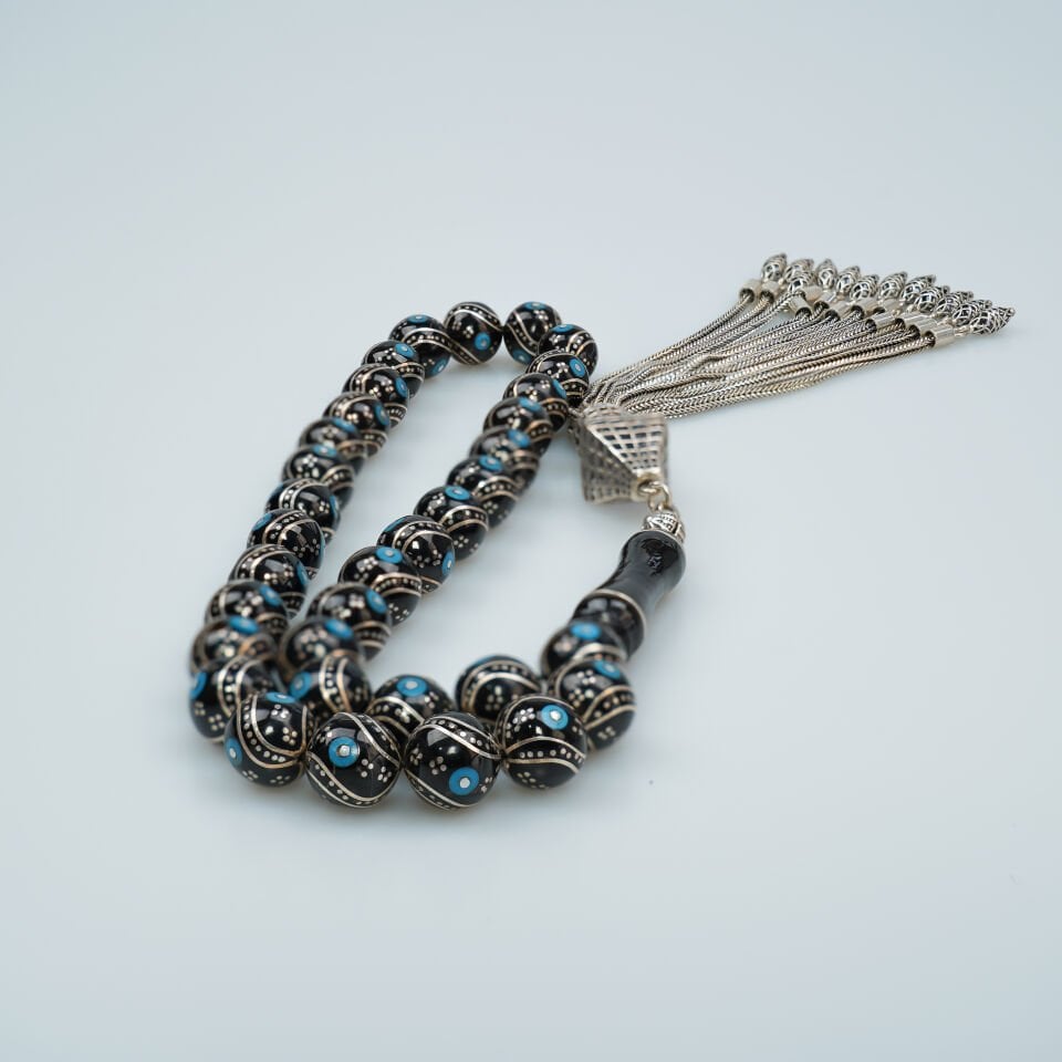 Küre Kesim Firuze İşlemeli Hakiki Erzurum Oltu Taşı Tesbih