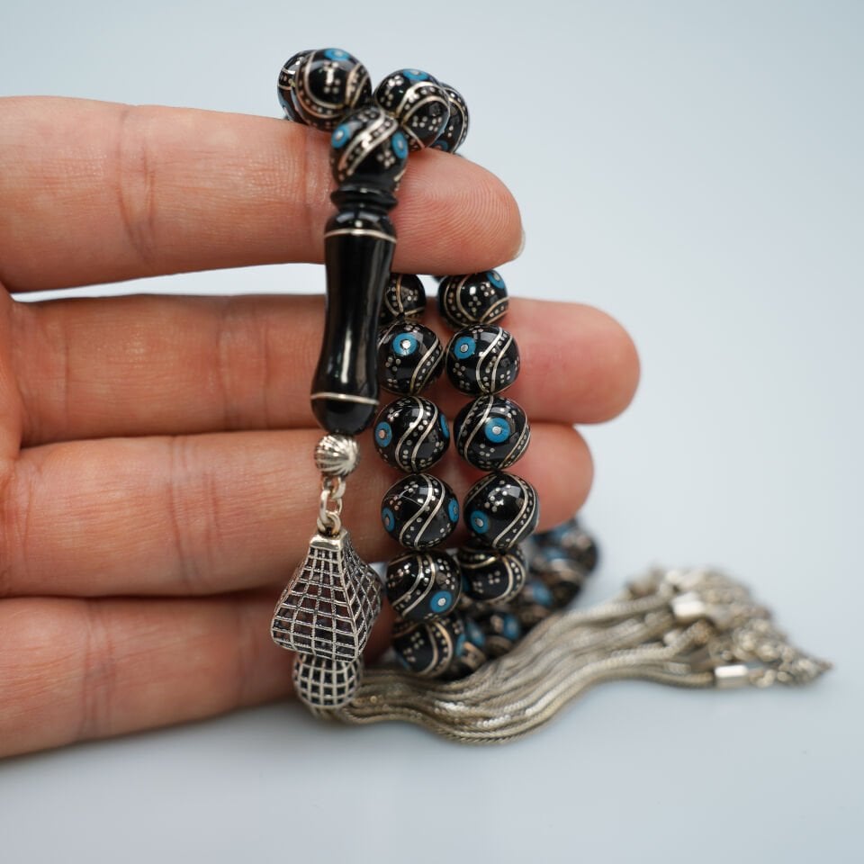 Küre Kesim Firuze İşlemeli Hakiki Erzurum Oltu Taşı Tesbih