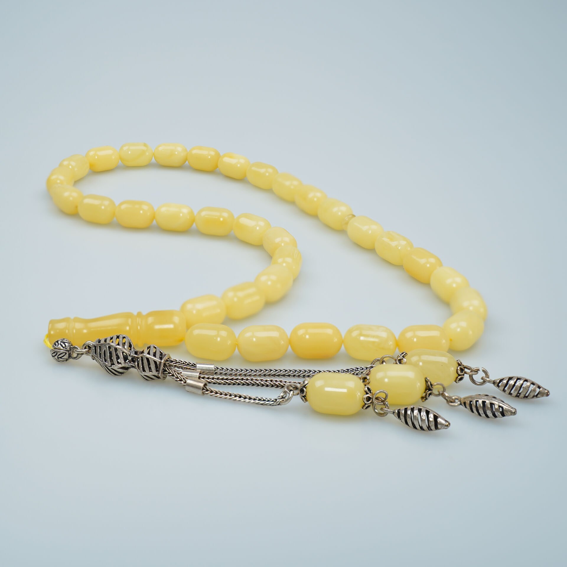 Damla Kehribar Tesbih Gümüş Püsküllü Arpa Kesim Gerçek Damla