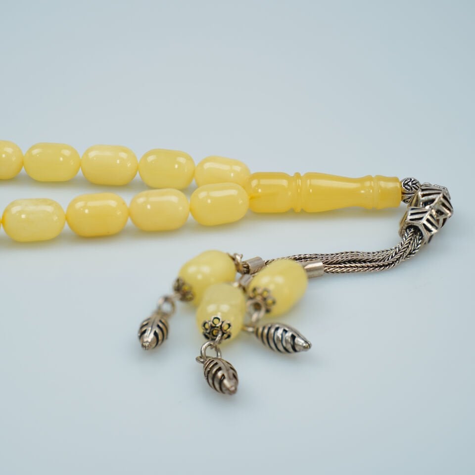 Damla Kehribar Tesbih Gümüş Püsküllü Arpa Kesim Gerçek Damla