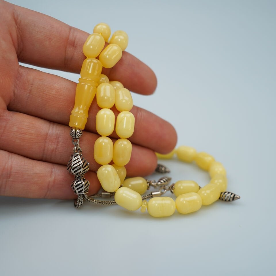 Damla Kehribar Tesbih Gümüş Püsküllü Arpa Kesim Gerçek Damla