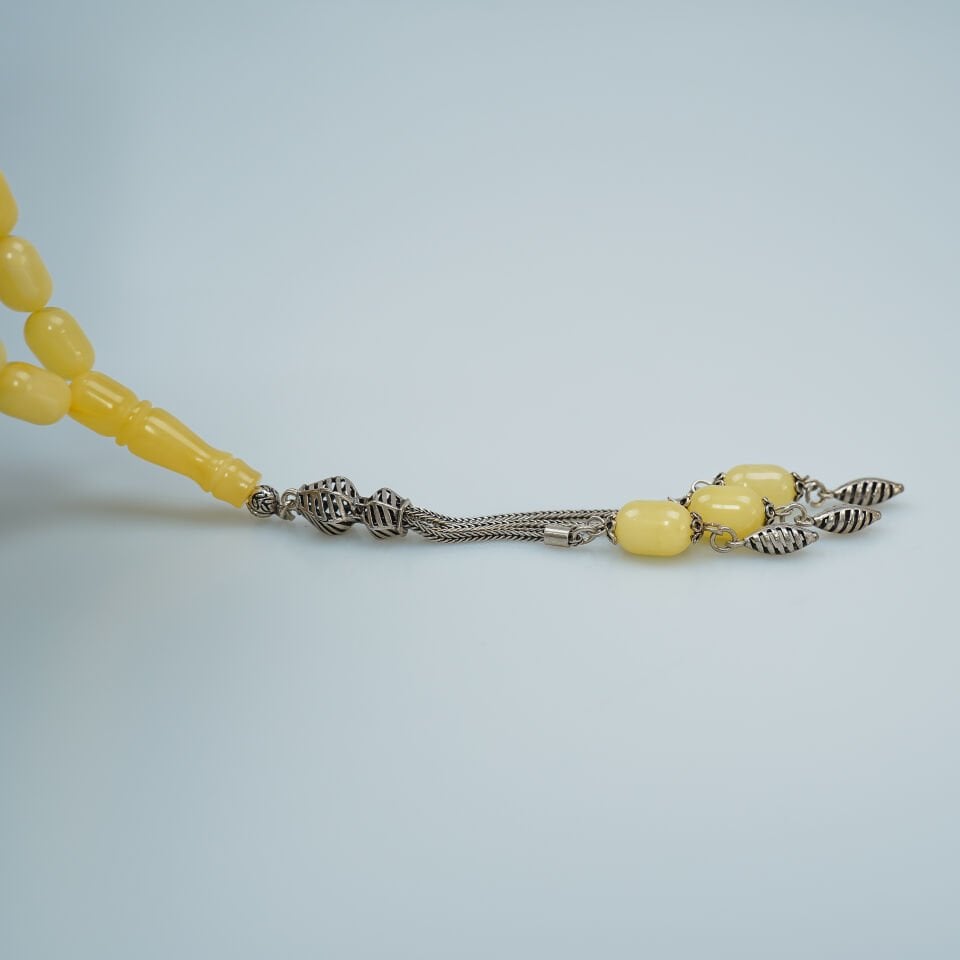 Damla Kehribar Tesbih Gümüş Püsküllü Arpa Kesim Gerçek Damla