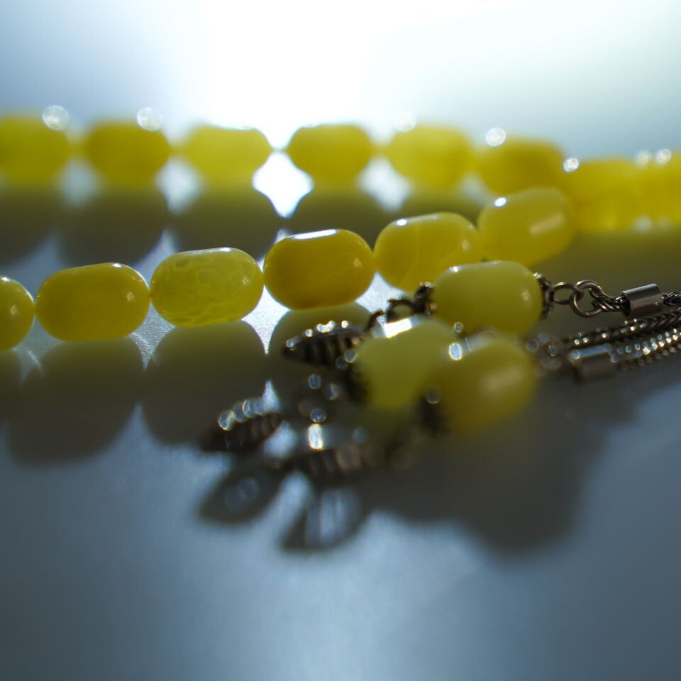 Damla Kehribar Tesbih Gümüş Püsküllü Arpa Kesim Gerçek Damla