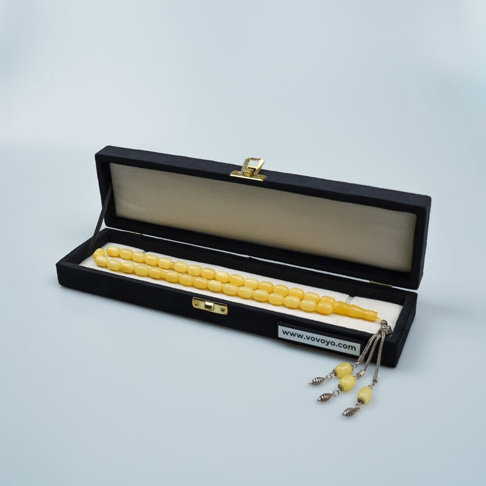 Damla Kehribar Tesbih Gümüş Püsküllü Arpa Kesim Gerçek Damla