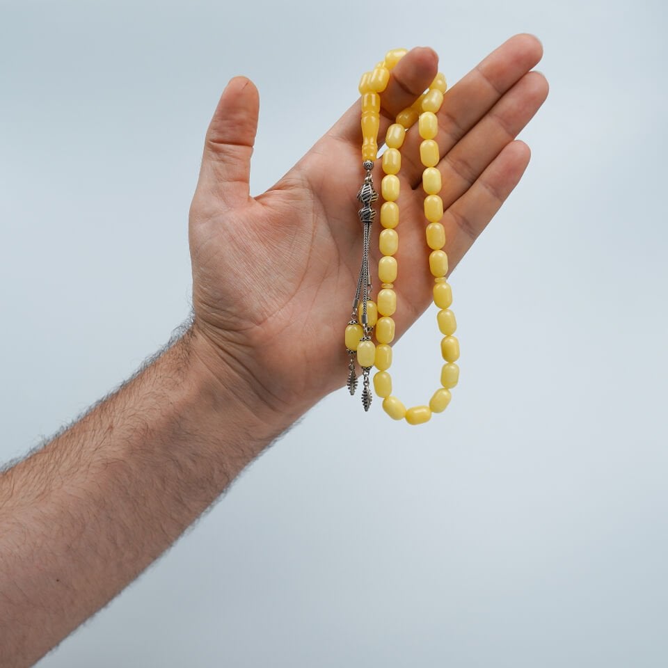 Damla Kehribar Tesbih Gümüş Püsküllü Arpa Kesim Gerçek Damla