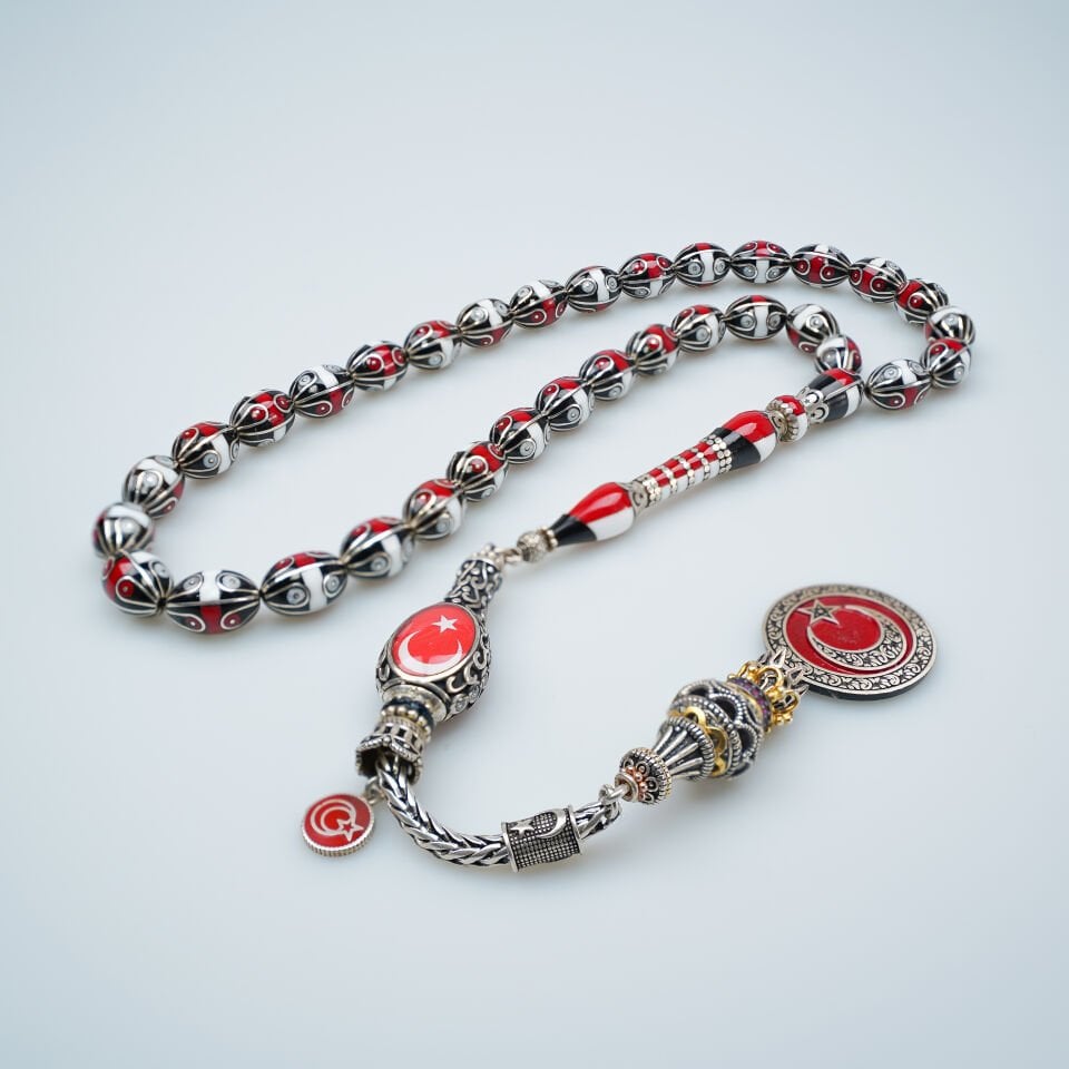 Büyük Boy Ay Yıldız Mine İşlemeli Erzurum Oltu Taşı Tesbih