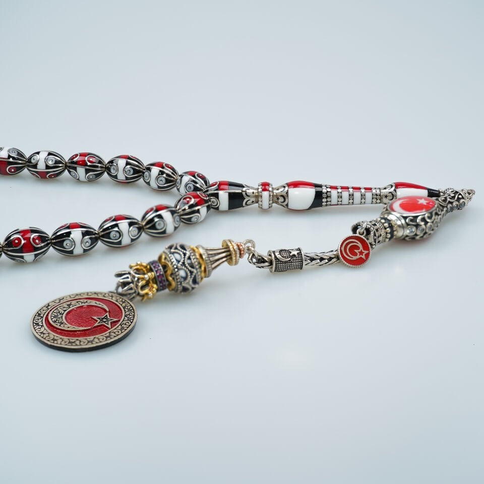 Büyük Boy Ay Yıldız Mine İşlemeli Erzurum Oltu Taşı Tesbih