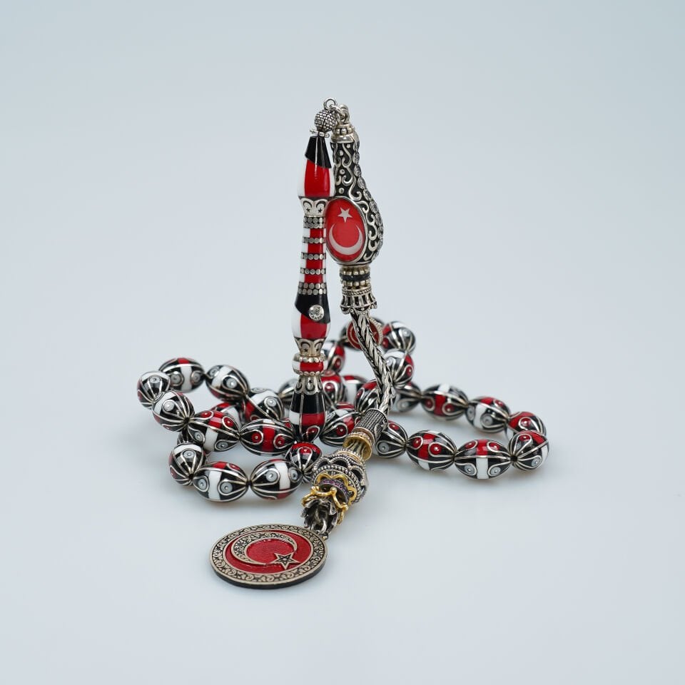 Büyük Boy Ay Yıldız Mine İşlemeli Erzurum Oltu Taşı Tesbih