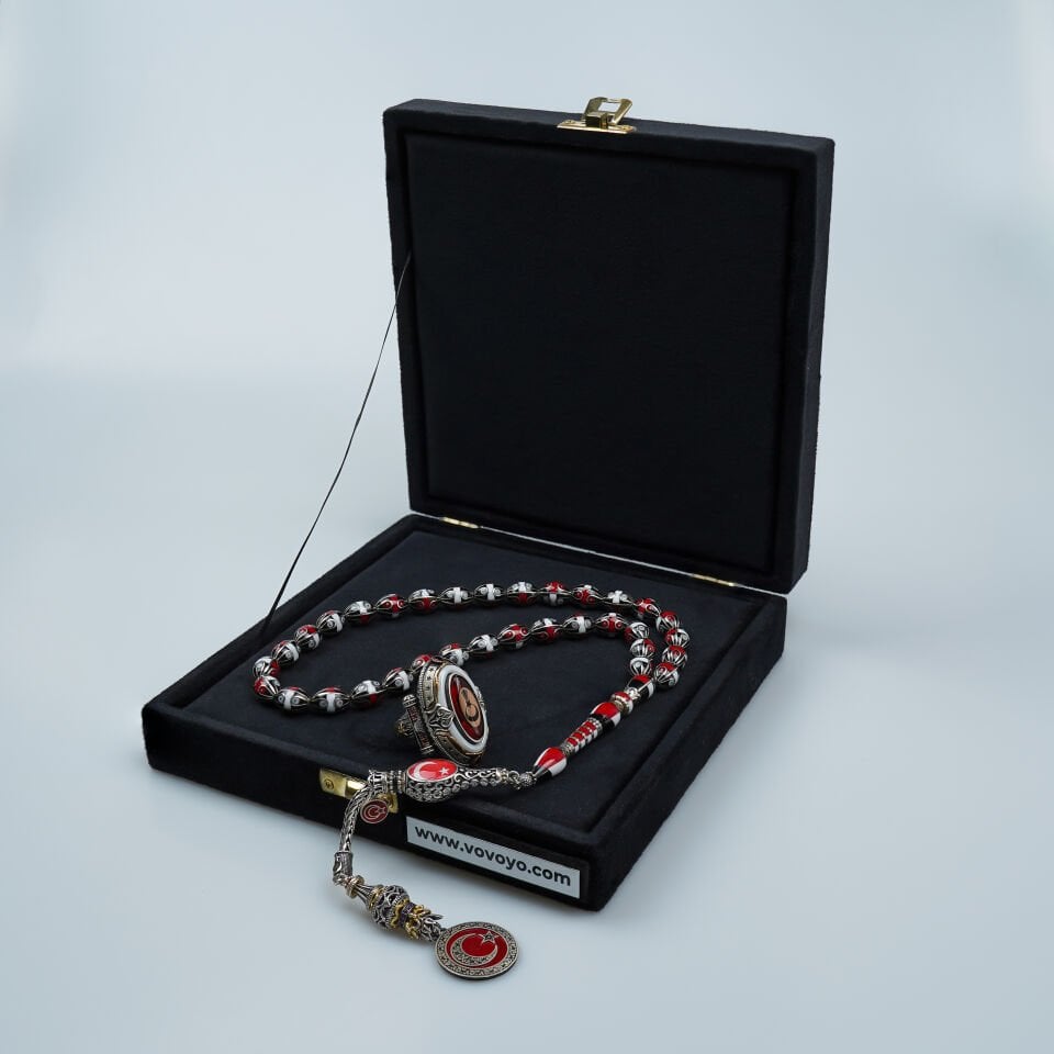 Büyük Boy Ay Yıldız Mine İşlemeli Erzurum Oltu Taşı Tesbih