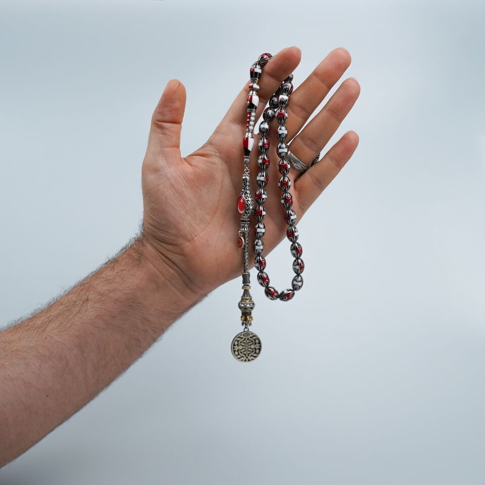 Büyük Boy Ay Yıldız Mine İşlemeli Erzurum Oltu Taşı Tesbih