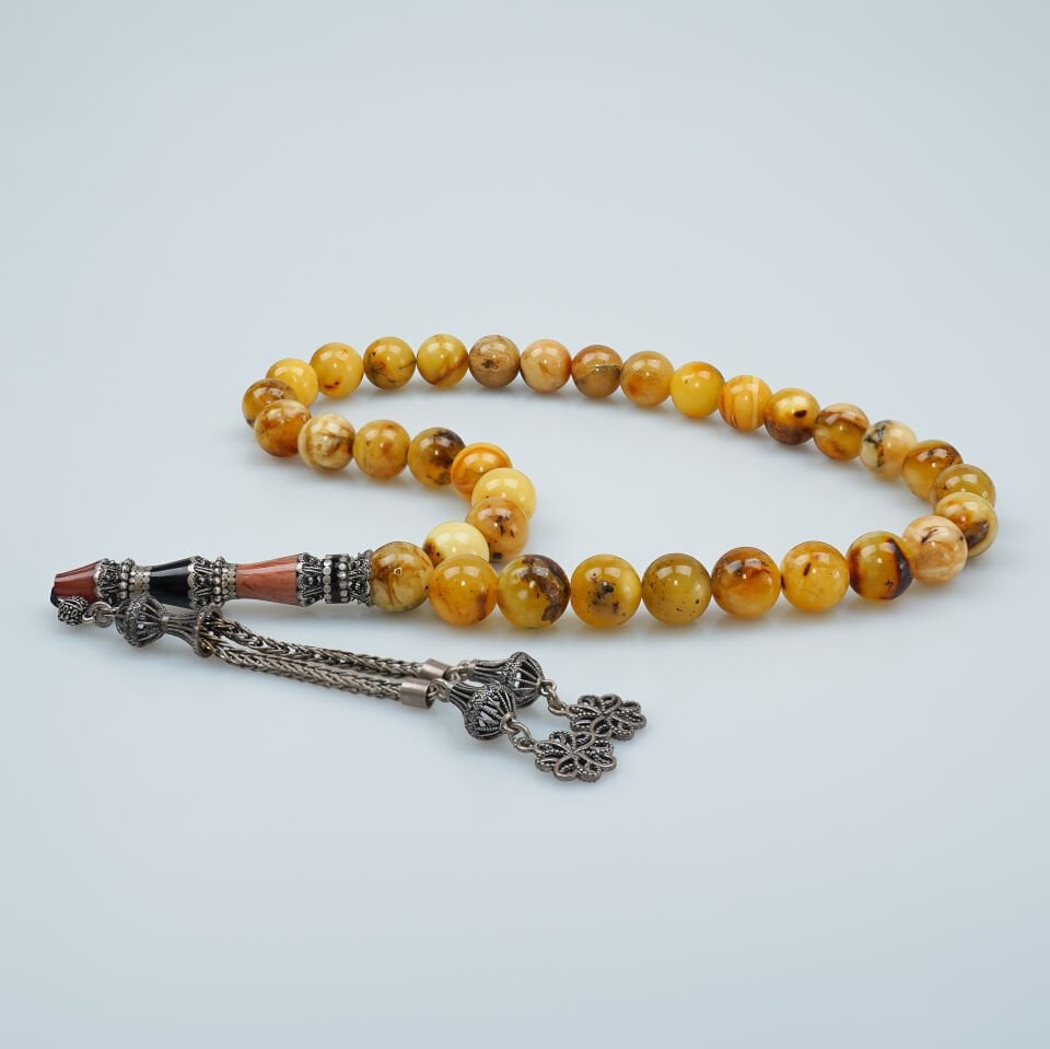 Küre Kesim Fosilli Damla Kehribar Tesbih Gümüş Nakkaş İmame