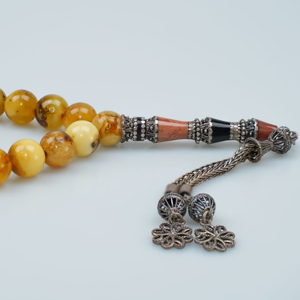 Küre Kesim Fosilli Damla Kehribar Tesbih Gümüş Nakkaş İmame