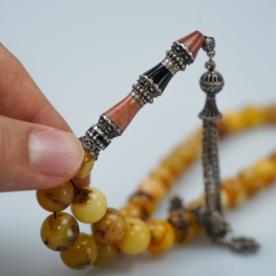 Küre Kesim Fosilli Damla Kehribar Tesbih Gümüş Nakkaş İmame