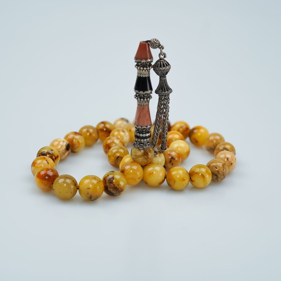 Küre Kesim Fosilli Damla Kehribar Tesbih Gümüş Nakkaş İmame