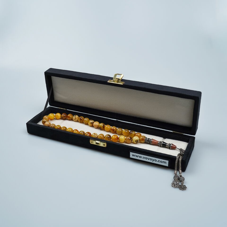 Küre Kesim Fosilli Damla Kehribar Tesbih Gümüş Nakkaş İmame