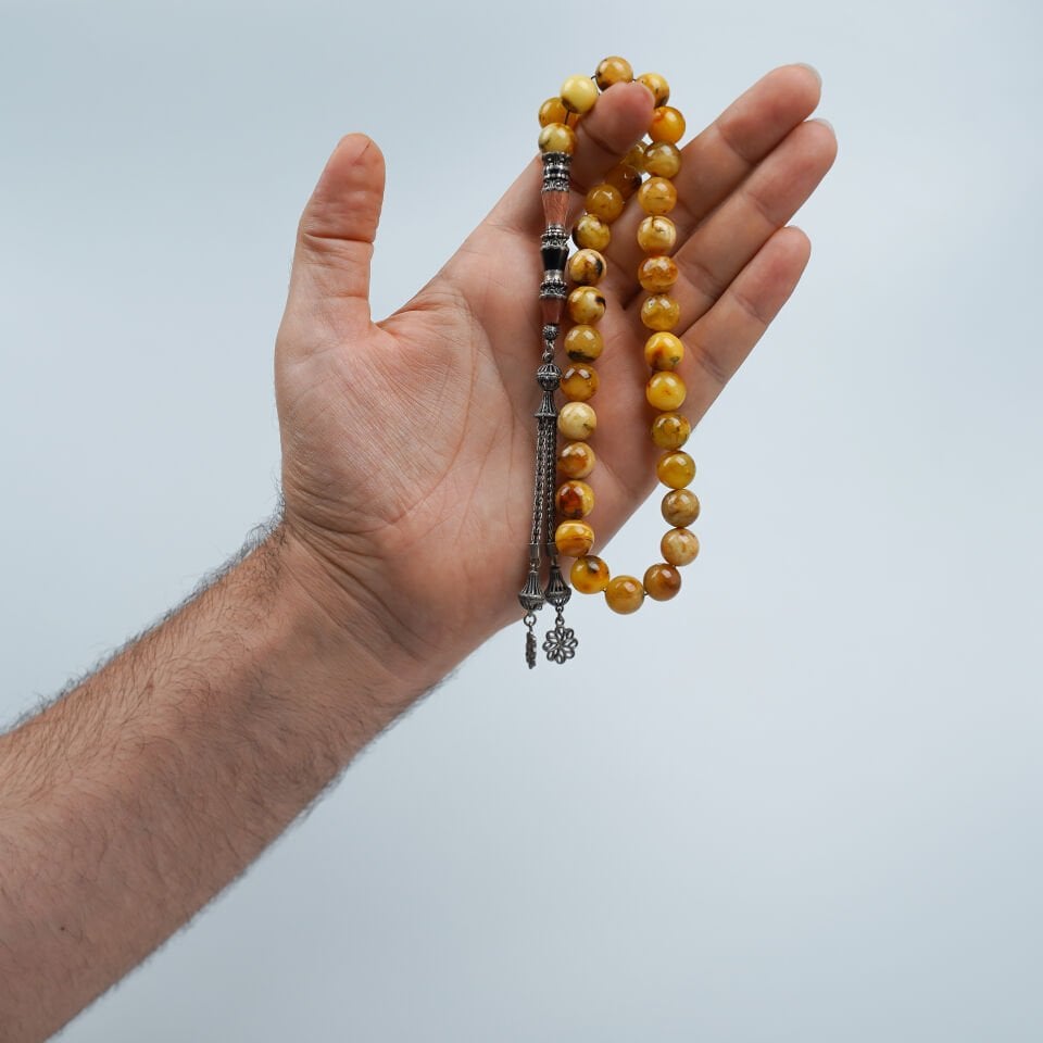 Küre Kesim Fosilli Damla Kehribar Tesbih Gümüş Nakkaş İmame