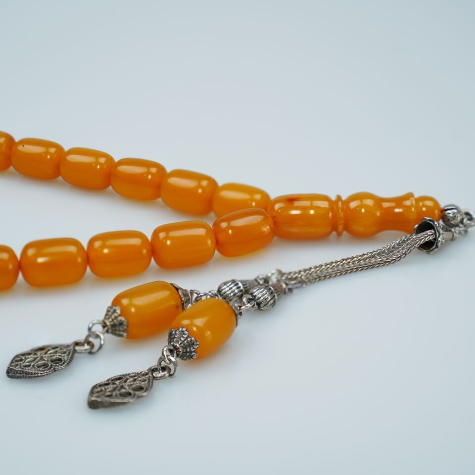 Gümüş Püsküllü Kapsül Kesim Turuncu Sıkma Kehribar Tesbih