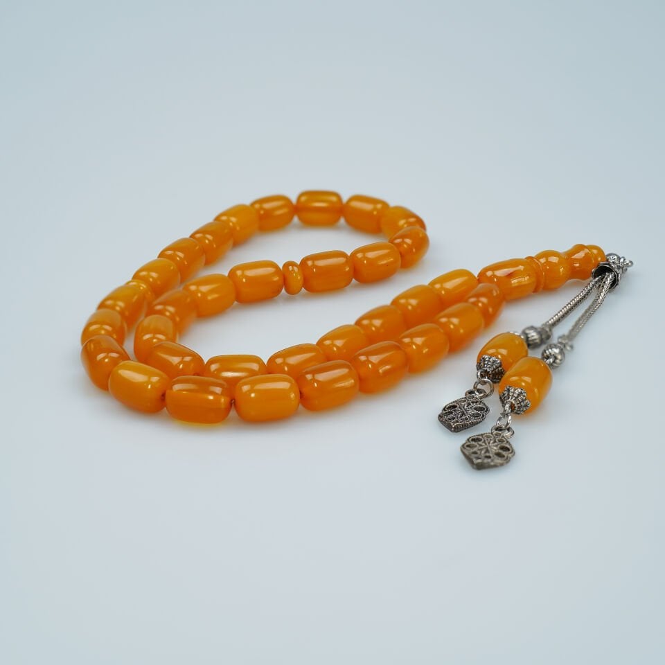 Gümüş Püsküllü Kapsül Kesim Turuncu Sıkma Kehribar Tesbih