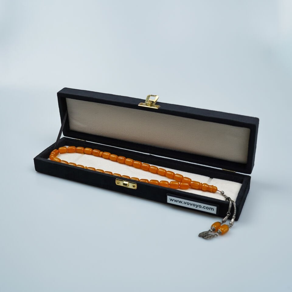 Gümüş Püsküllü Kapsül Kesim Turuncu Sıkma Kehribar Tesbih