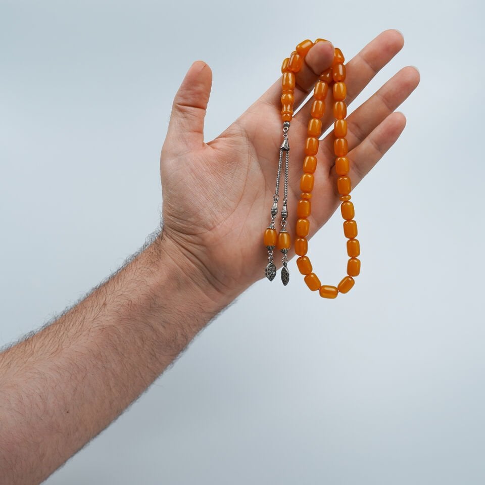 Gümüş Püsküllü Kapsül Kesim Turuncu Sıkma Kehribar Tesbih