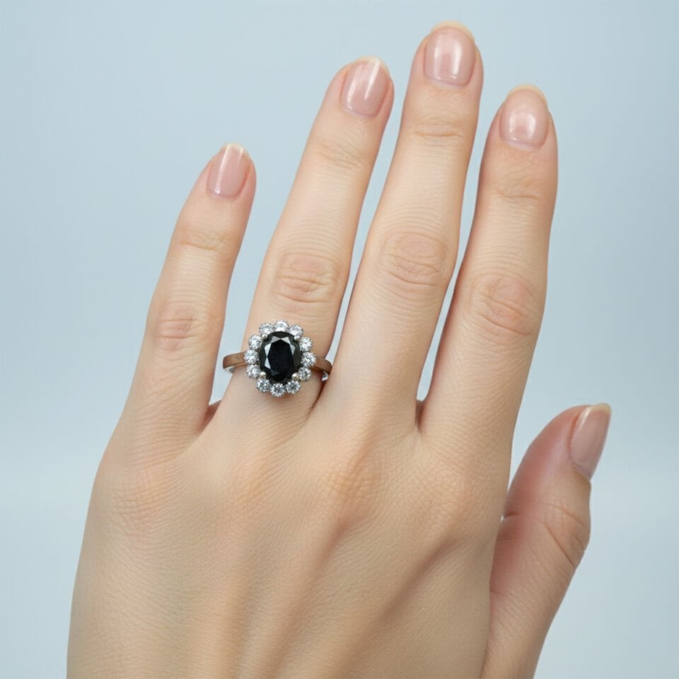 925 Ayar Kadın Gümüş Yüzük Siyah Zirkon Taşlı Halo Model