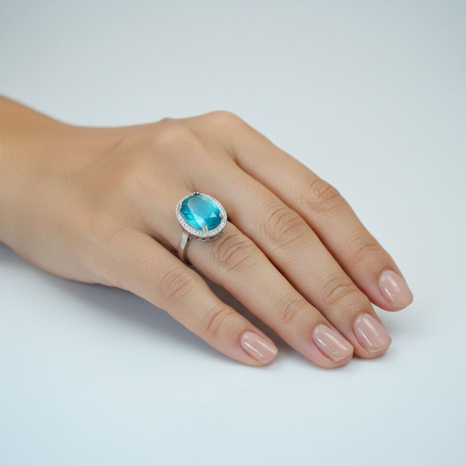 Akuamarin Taşlı Zirkon Parlak 925 Ayar Kadın Gümüş Yüzük