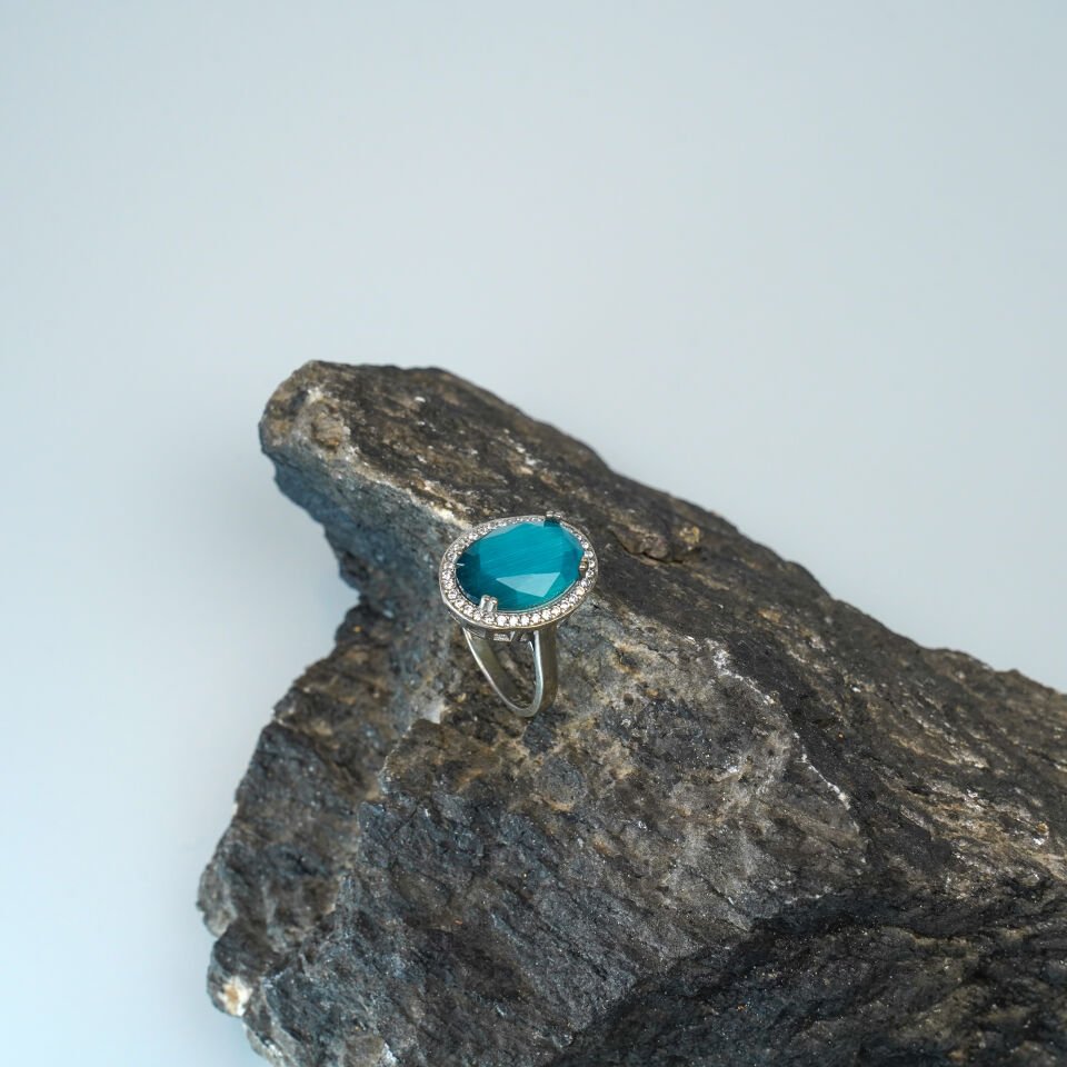 Akuamarin Taşlı Zirkon Parlak 925 Ayar Kadın Gümüş Yüzük