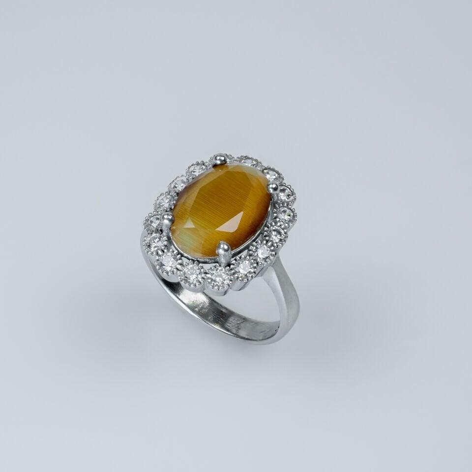 Vintage Kehribar Görünümlü Cat's Eye Efektli Gümüş Kadın Yüzük