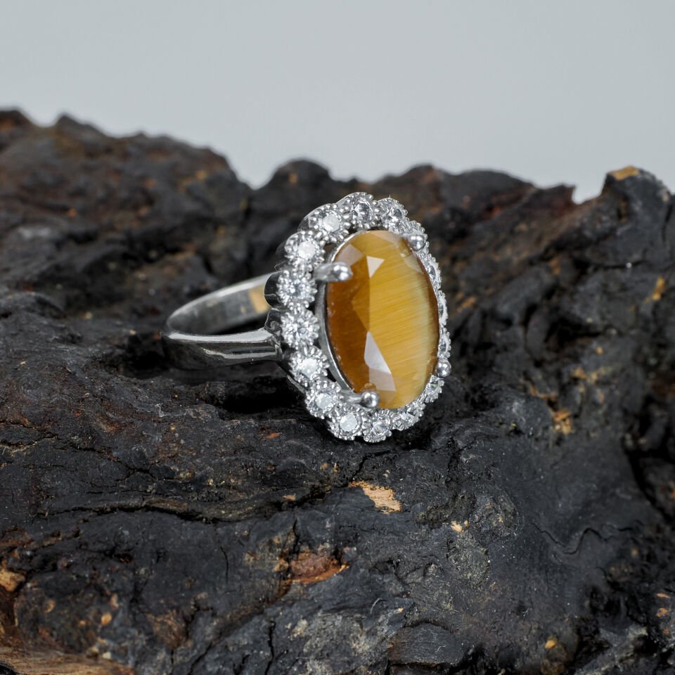 Vintage Kehribar Görünümlü Cat's Eye Efektli Gümüş Kadın Yüzük