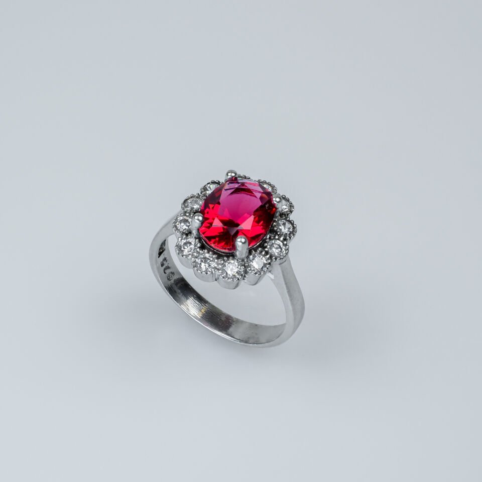 Oval Kırmızı Zirkon Taşlı, Klasik Halo Kadın Gümüş Yüzük