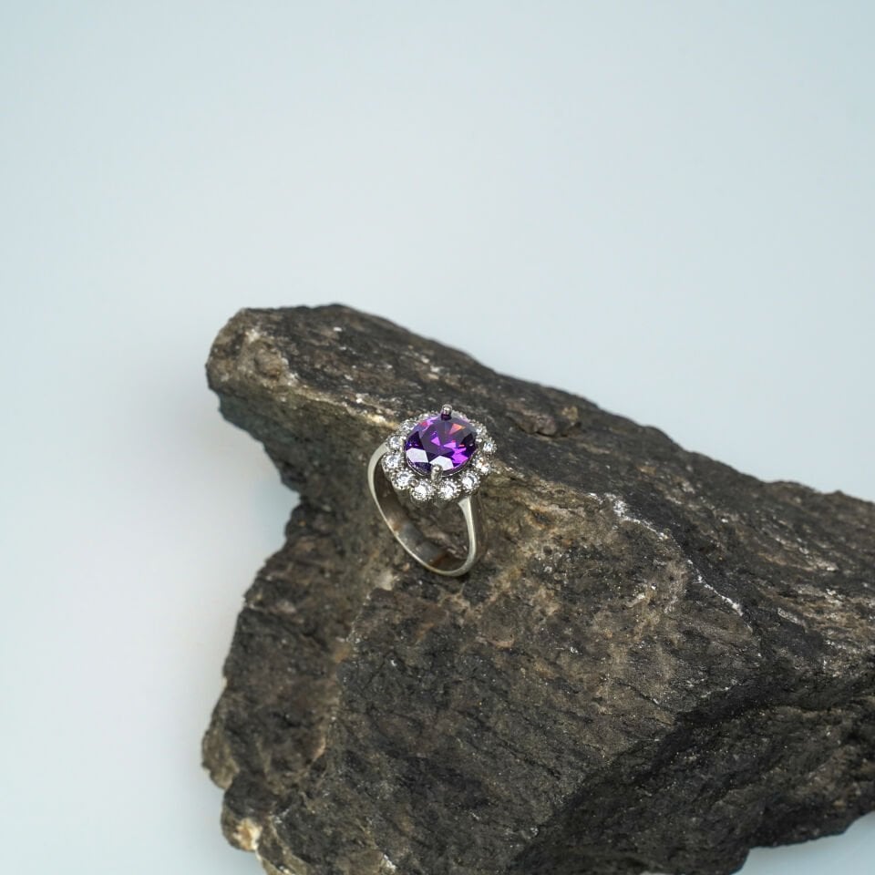 925 Ayar Kadın Gümüş Yüzük Mor Zirkon Taşlı Halo Model