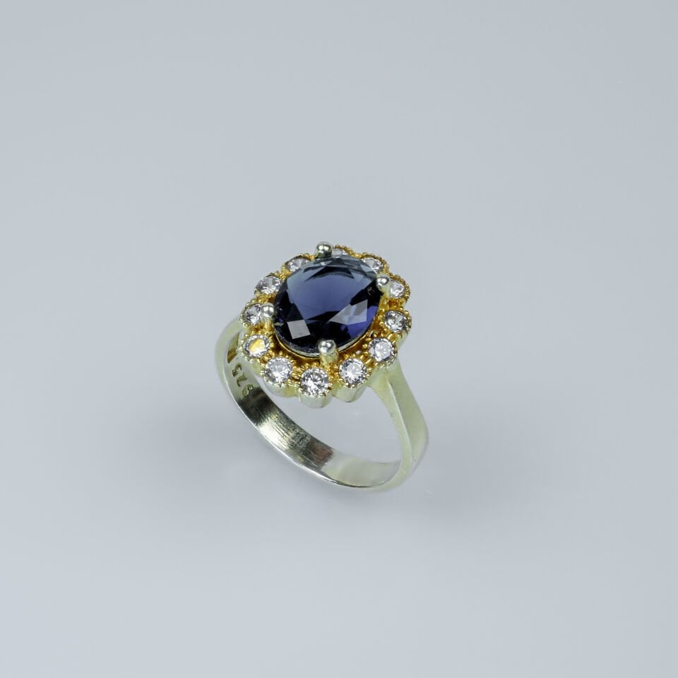 925 Ayar Altın Kaplama Kadın Gümüş Yüzük Mavi Zirkon Taşlı Halo Model