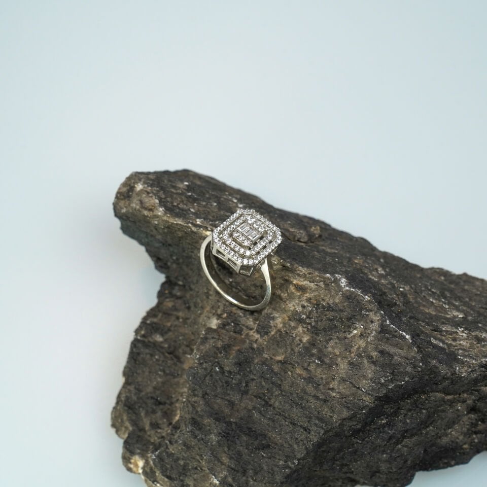 Baget Kesim Kristal Zirkon Taşlı, Dikdörtgen Halo Kadın Gümüş Yüzük