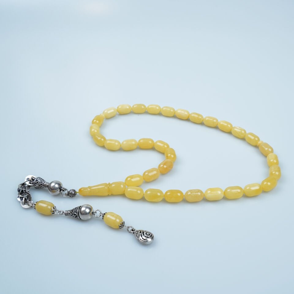 Gümüş Püsküllü Orijinal Damla Kehribar Tesbih