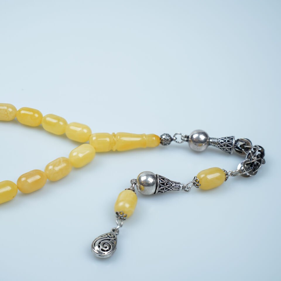 Gümüş Püsküllü Orijinal Damla Kehribar Tesbih