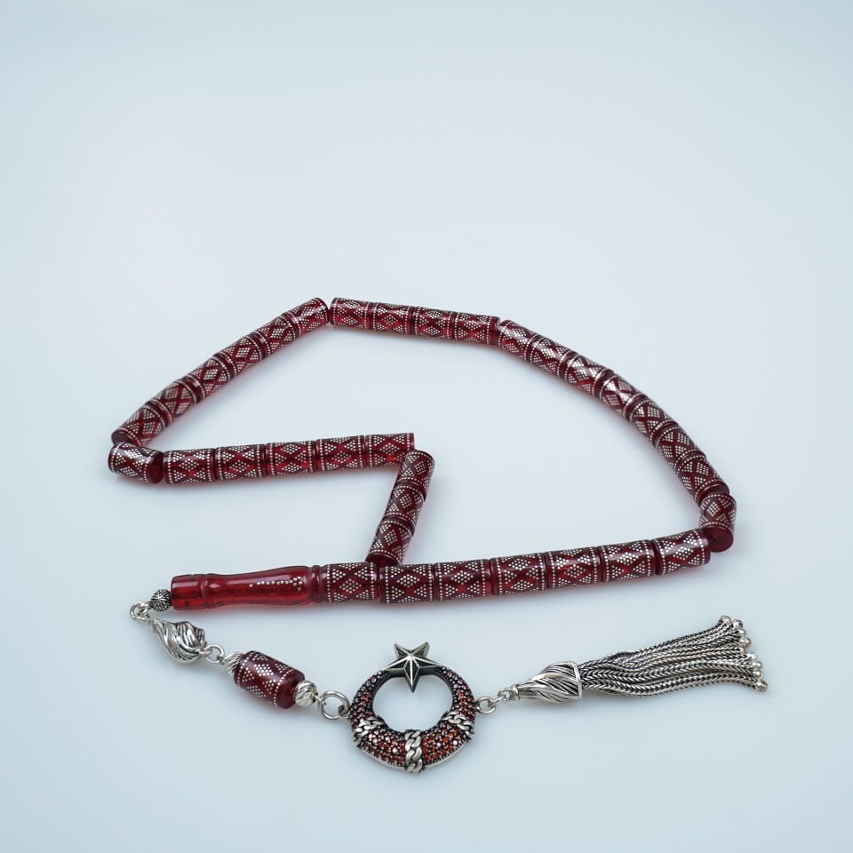 Ay Yıldız Gümüş Püsküllü Özel Tasarım Kırmızı Ateş Kehribar Tesbih