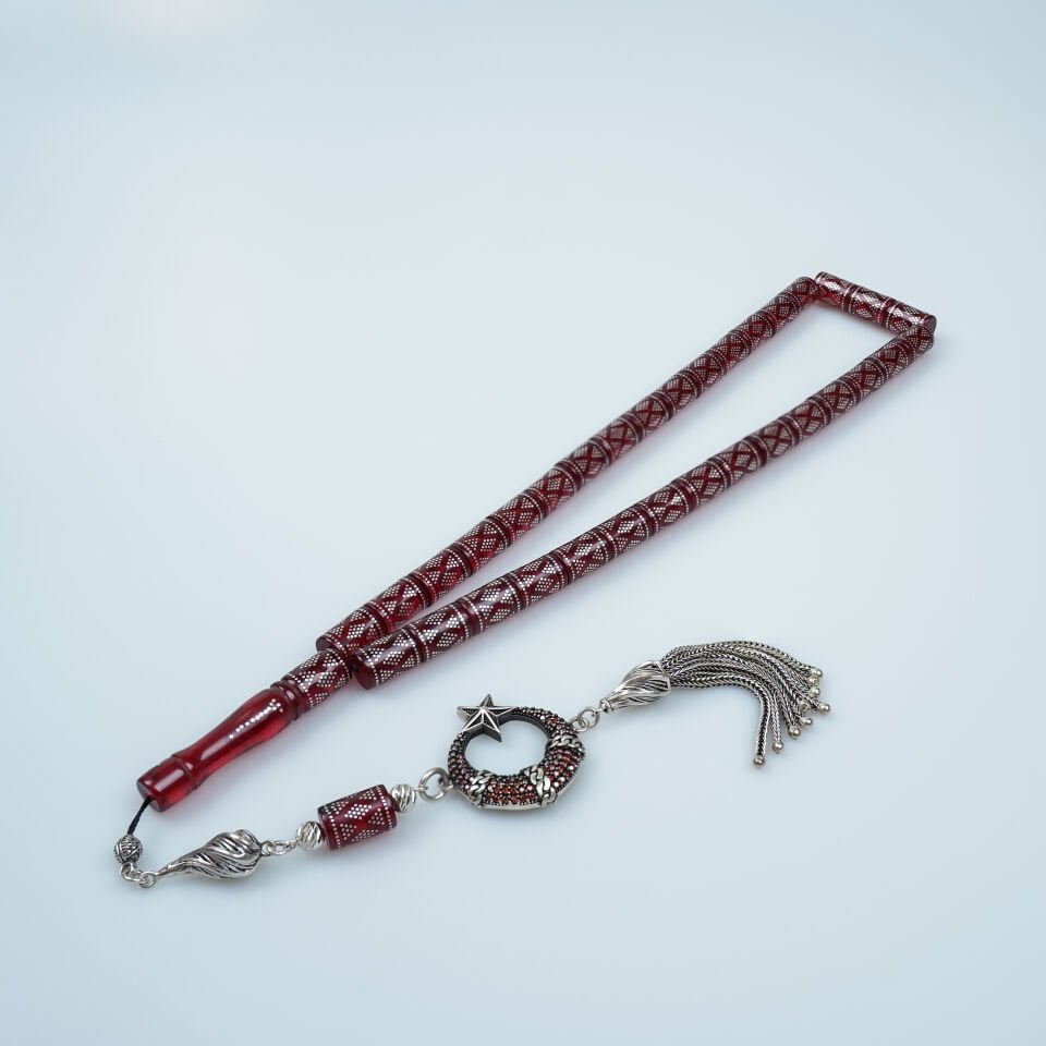 Ay Yıldız Gümüş Püsküllü Özel Tasarım Kırmızı Ateş Kehribar Tesbih