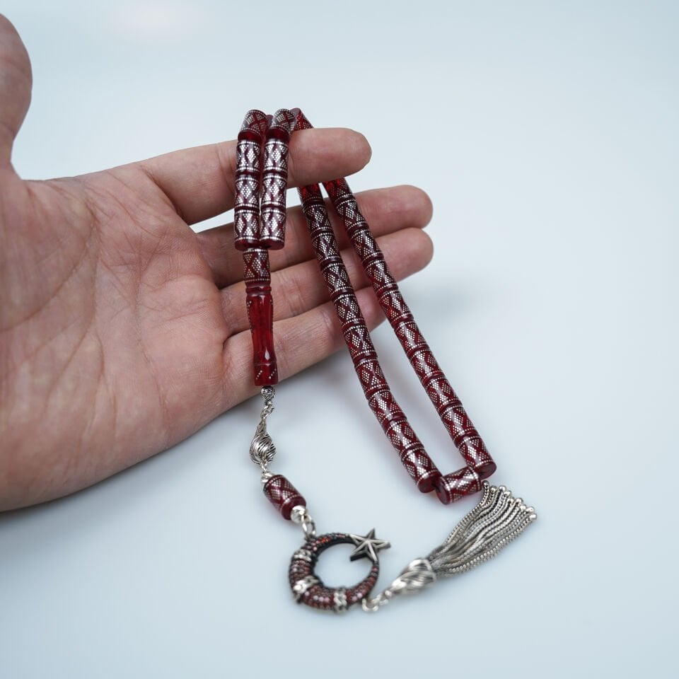 Ay Yıldız Gümüş Püsküllü Özel Tasarım Kırmızı Ateş Kehribar Tesbih
