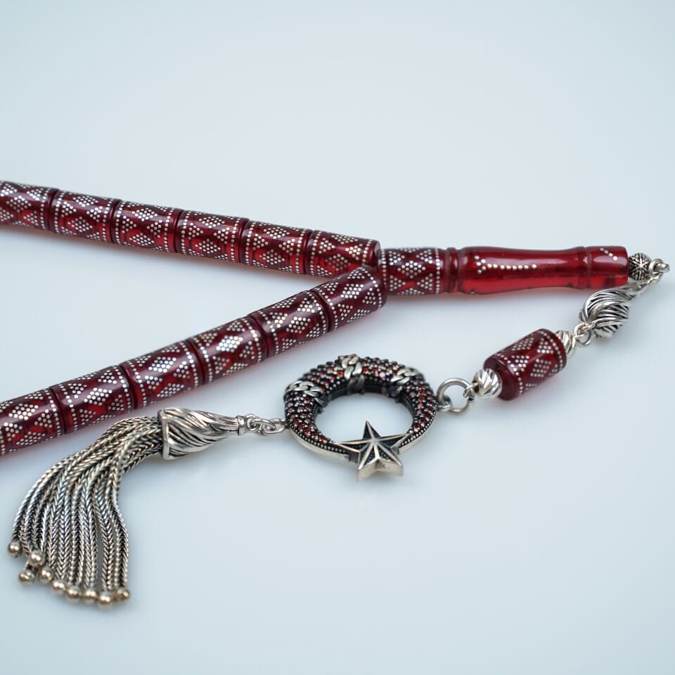 Ay Yıldız Gümüş Püsküllü Özel Tasarım Kırmızı Ateş Kehribar Tesbih