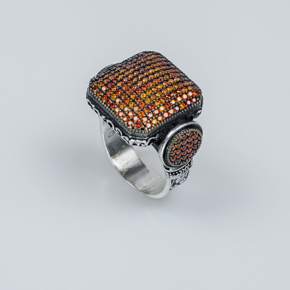 Turuncu Zirkon Taşlı Kare Model 925 Ayar Gümüş Erkek Yüzük